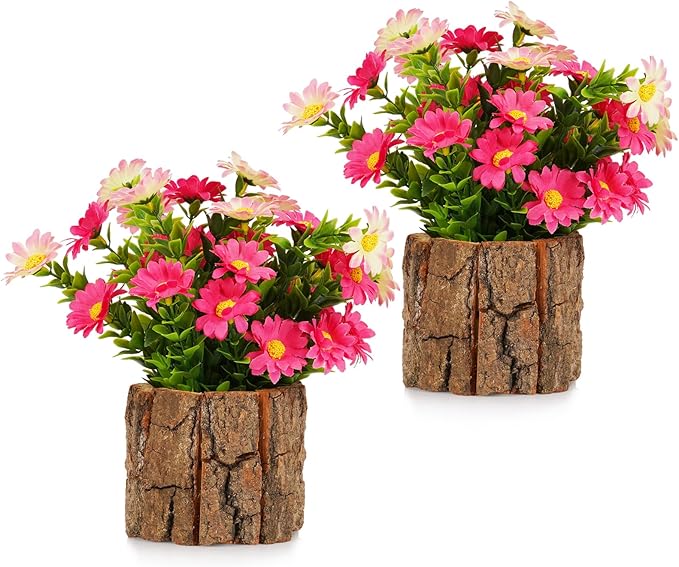 Artificial Flowers Fake Silk Hornwort Flower in Planters Flower Vase Small Rustic Potted Flower Arrangements Artificial for Home Outdoors Tabletop Decor Set of 2 (Pink1)