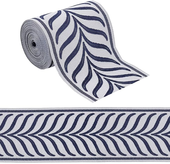 OLYCRAFT 5.5 Yards Jacquard Ribbon Trim 3.4 Inch Leaf Striped Jacquard Polyester Ribbons Marine Blue Gray Leaf Jacquards Woven Embroidery Trim for DIY Sewing Crafts Handmade Bag Belt Clothing Decor