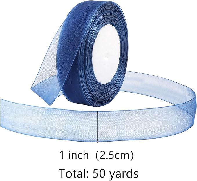 Navy Blue Ribbon for Gift Wrapping 1 inch Sheer Organza Ribbon for Flower Bouquet Tulle Thin Chiffon Ribbons for Wedding Invitations Presents Decorations Crafts 50 Yards
