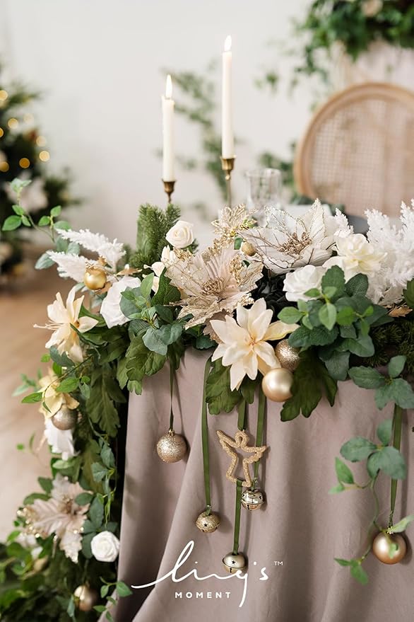 Ling's moment 9FT Christmas Flower Garland, Handcrafted Wedding Sweetheart Table Centerpieces Head Table Decor Arch Backdrop Decorations for Wedding | Gold