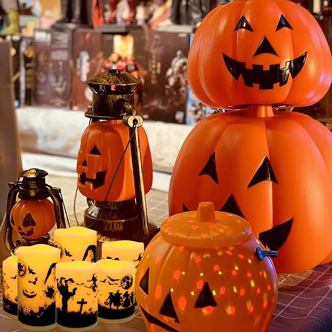 A Set of 6 Halloween-Themed LED flameless Candles, Featuring a timed Remote Control and Halloween-Themed Atmosphere Patterns, Perfect for Trick-or-Treating LED Candles，Halloween Spooky.