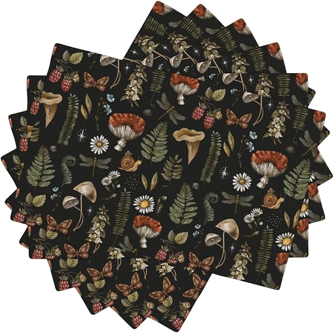 Mushroom Placemats Set of 6,Vintage Gothic Mushroom Fern Kitchen Place Mats Linen 12x18 Inch,Black 6 PCS, Style-5
