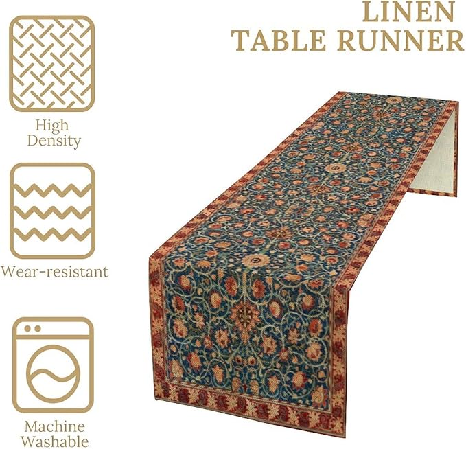 William Morris Table Runner, Rustic Boho Ethnic Flower Original Design Print Table Runner for Home Party Dining Room Kitchen Decor 13x90 Inch
