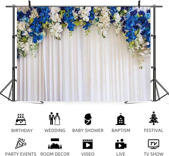 15x10ft White Wedding Backdrop White Blue Floral Flowers Photography Background Bride Groom Ceremony Party Bridal Shower Banner Decorations Engagement Proposal Portrait Photo Booth Prop