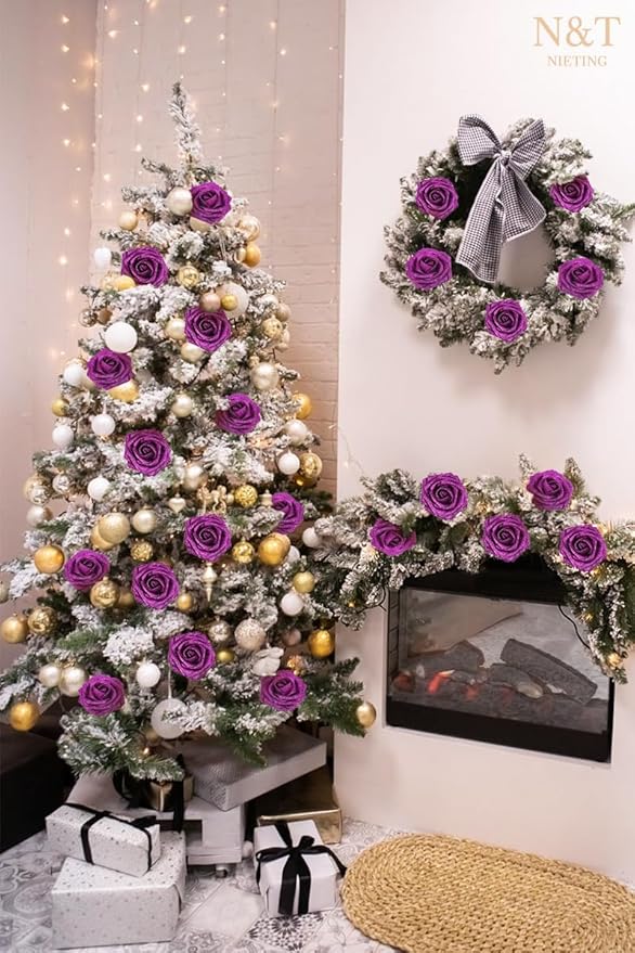 N&T NIETING Artificial Flowers Glowing Purple Flowers Foam 50pcs Glitter Roses Real Looking Fake Roses with Stem for DIY Wedding Bouquets Centerpieces Bridal Shower Party Home Decorations
