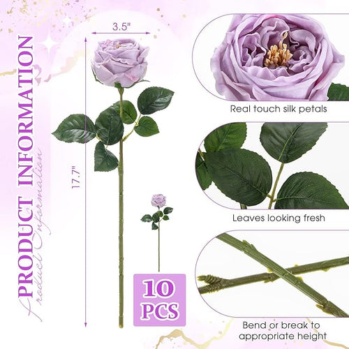 10pcs Real Touch Peonies Artificial Flowers, Faux Austin Rose with Long Stem Look Real Fake Flower for Christmas Valentines Arrangement Wedding Party Home Kitchen Decor (Light Purple)