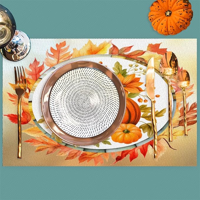 Fall Autumn Flower Pumpkin Placemats Set of 4 PVC Vinyl Non Slip Table Mats Heat Resistant Place Mats Washable Wipeable Dining Table Mat for Kitchen Decor Party Indoor Outdoor Decorative Gift