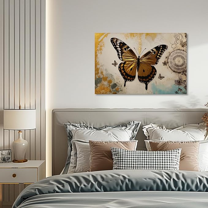 KPLUNDO Butterfly Wall Art Abstract Flower Picture Gray Gold Poster Vintage Painting Modern Artwork Home Decor for Living Room Bedroom Office Wall Decoration Ready to Hang(Art-3,20.00x30.00 inch)