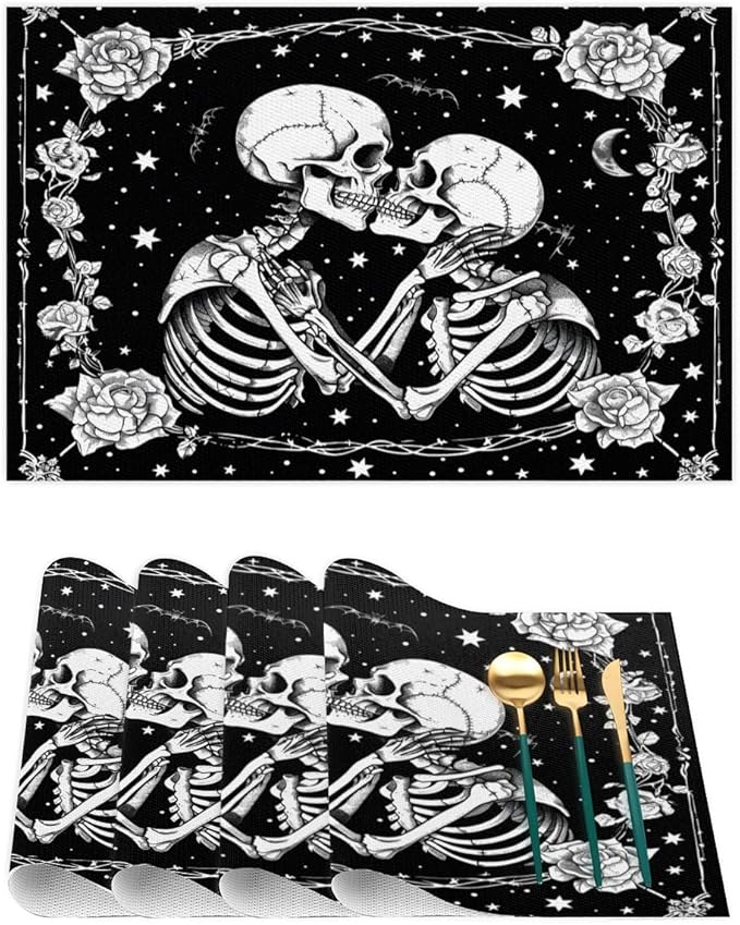 Halloween Skull Goth Flower Placemats Set of 6 PVC Vinyl Non Slip Table Mats Heat Resistant Place Mats Washable Wipeable Dining Table Mat for Kitchen Decor Party Indoor Outdoor Decorative Gift