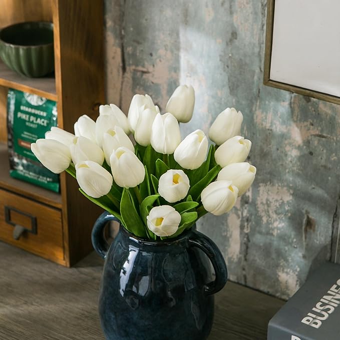 20pcs White Artificial Tulip Flowers, Silk Fake Flowers 13" for Mother's Day, Easter, Valentine’s Day Gifts in Bulk, Home, Kitchen, Wedding Decorations