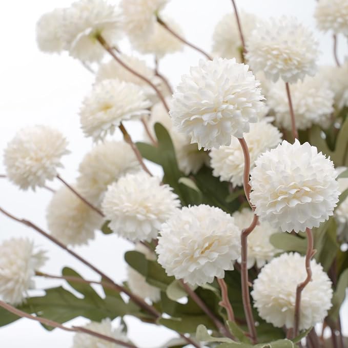 Real-Touch Faux Silk Mums Bouquet, Bendable Long Stems, Full & Realistic Artificial Flower Arrangement for Vase, Table, Wedding & Wreath Décor, Beige(No Vase) (White)