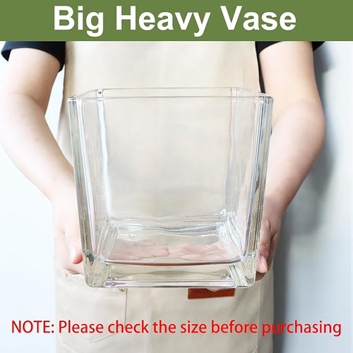 1 Pack Square Glass Vase 6" x 6" x 6", Clear Flower Vase for Centerpieces, Candle Holder for Wedding Party Events, Home Décor
