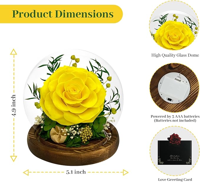 Preserved Rose Forever Flowers in Glass - Birthday Gifts for Women Mom, Real Flowers for Delivery Prime | Rose Gift for Grandma Wife Sister Friend (Yellow)