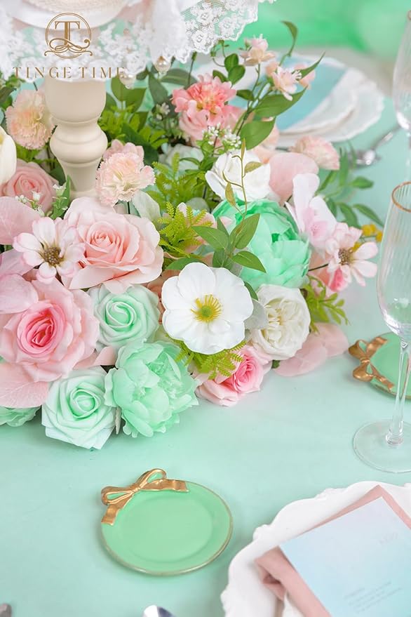 TINGE TIME Artificial Flowers Mint Green & Pink Flower Combo for DIY Wedding Bouquets Table Centerpieces Arrangements Party Baby Shower Home Summer Decorations