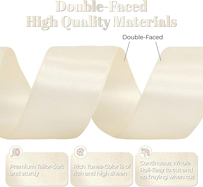Cream Satin Ribbon, Double Faced 2 Inch X 25 Yards Cream Ribbon, Premium Satin Ribbons for Gift Wrapping, Crafts, Hair Bow Making, Sewing, Flower Bouquet, Wedding Party Decor