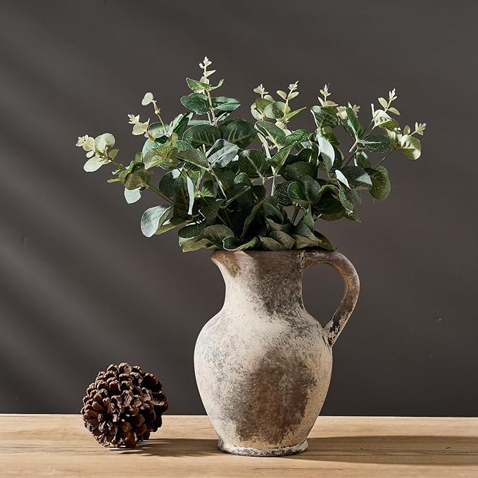 SIDUCAL Ceramic Rustic Farmhouse Vase with Handle, Terracotta Vase, Minimalist Decorative Vases for Home Decor, Table, Living Room, Shelf, Christmas Decoration(Gray)
