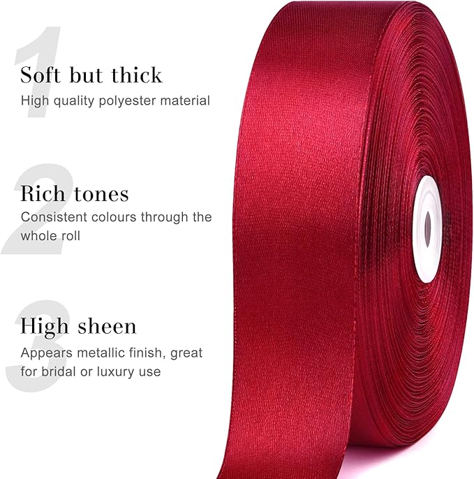 1-1/2 Inches 100 Yards Wine Red Satin Ribbon, Solid Fabric Ribbon Roll for Flower Bouquets, Gift Wrapping, Wedding, Handmade Crafts