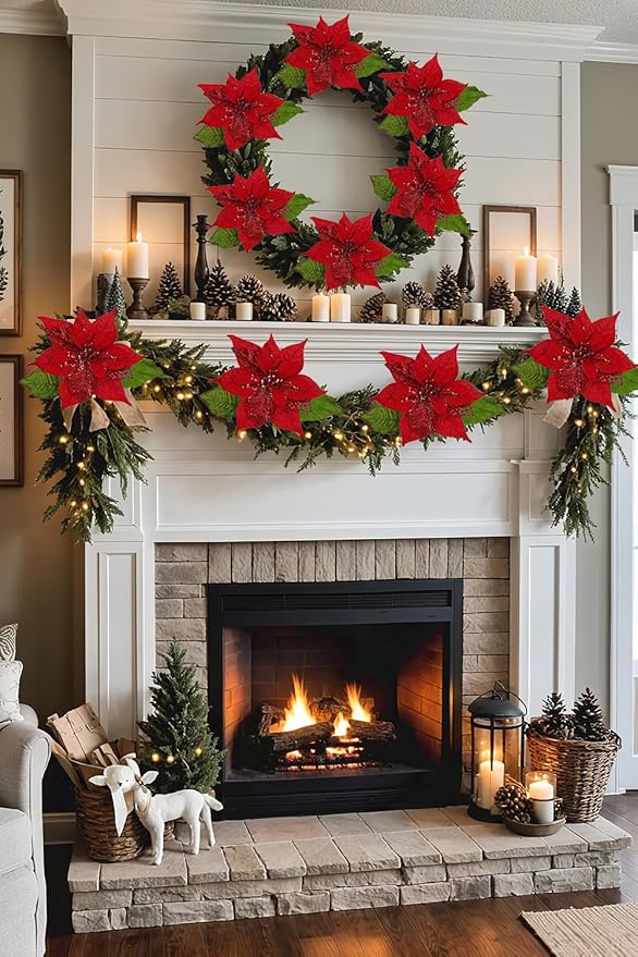 10" Poinsettia Flower Artificial for Christmas Tree Decor, 3 Pcs Faux Glitter Poinsettias Stems for DIY Xmas Wreath & Garland, Christmas Ornaments for Home Party & Holiday Decorations, Dark Red
