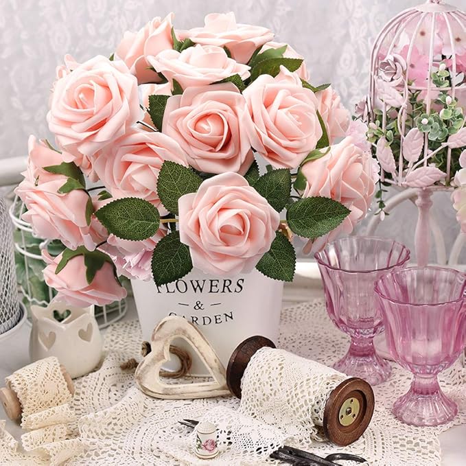 Mocoosy 50Pcs Artificial Roses Flowers, Blush Pink Roses Artificial Flowers Foam Fake Roses with Stem for Wedding Bridal Bouquets Party Centerpieces Artificial Flowers Crafts DIY Home Decoration