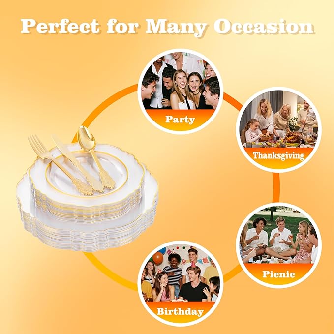 YOUBET 125PCS Thanksgiving Plastic Plates - Clear Gold Disposable Plates - 25 Guests Baroque Plastic Dinnerware Includes 25Dinner Plates, 25Dessert Plate, 75Silverware for Party & Wedding