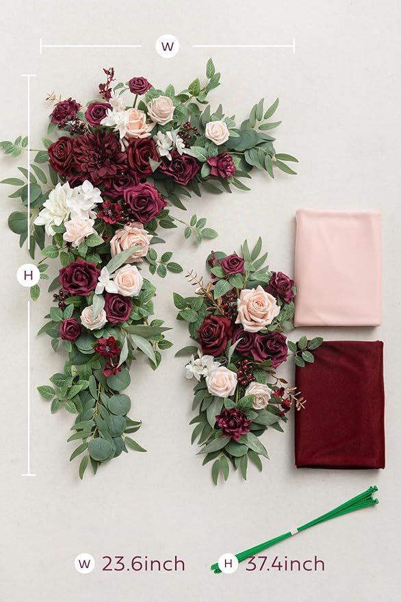 Ling's moment Red Pink Blush Artificial Wedding Arch Flowers Kit Pack of 4, 2pcs Hanging Flower Arrangement 2pcs Chiffon Drapes Ceremony Reception Fake Rose Arbor Backdrop Floral Party Outdoor Decor