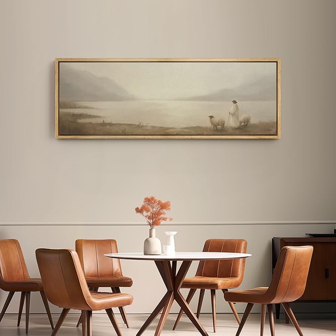 SIGNFORD Large Framed Canvas Print Wall Art Pastoral Scene with Shepherd and Sheep by Lake Illustrations Modern Art Relax/Calm Warm for Living Room, Bedroom, Office - 60"x20"