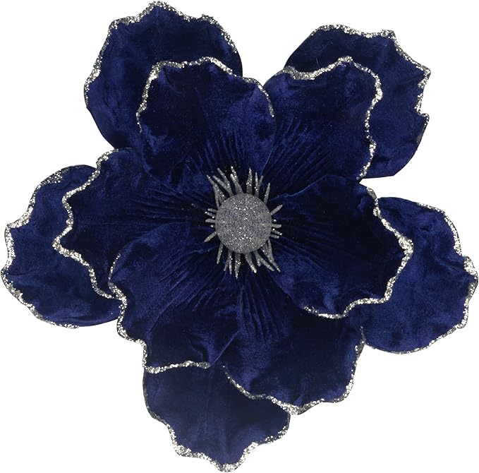 KI Store Blue Velvet Magnolia Flowers Pack of 6 Oversize Artificial Christmas Poinsettia Floral Picks Stems for Xmas Tree Wedding Centerpiece Decorations