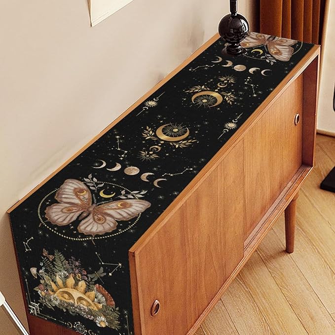 Gothic Moth Table Runner, Boho Gothic Sun Moon Phase Wildflower Mystical Witchy Farmhouse Coffee Table Center Decor for Home Kitchen Dining Patio Holiday Party Table Decorations 13x90 inches