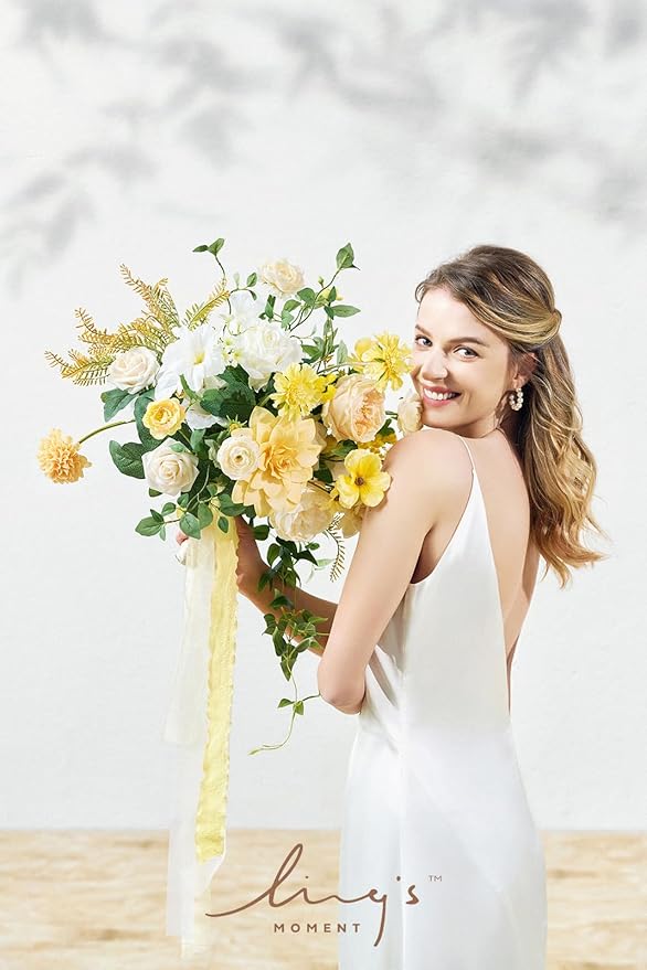 Ling's moment Yellow Bridal Bouquet for Bride, Yellow Wedding Bouquets for Bride, 15 Inch Summer Bridal Bouquets Artificial Wedding Flower Bouquet