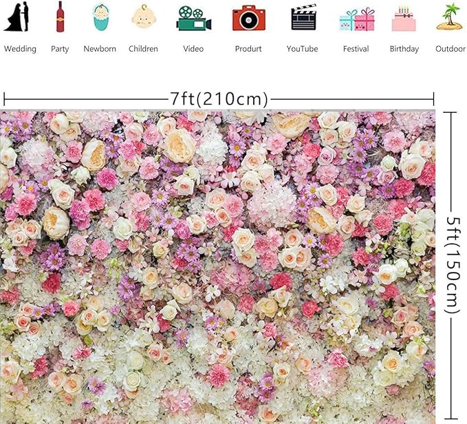 15x10ft Pink Rose Floral Flower Wall Backdrop Girls Wedding Birthday Bridal Shower Kids Portrait Background Photoshoot Cake Table Tea Party Photoshoot Decorations Photo Studio Props