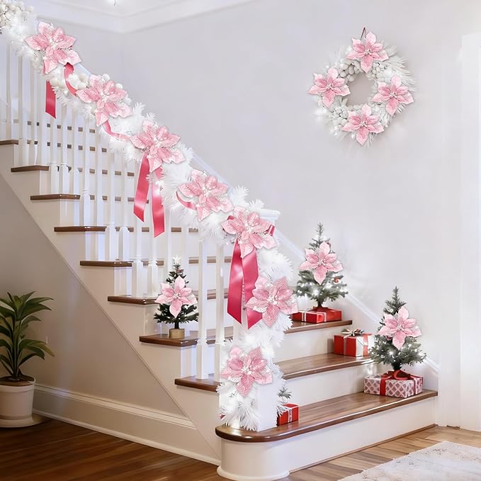 24 Pcs Christmas Poinsettia Flowers Artificial with Clips, 5.9" Christmas Decor Glitter Poinsettia Flowers for Christmas Tree New Year Wedding Party Wreath DIY Garland Decor (Pink)