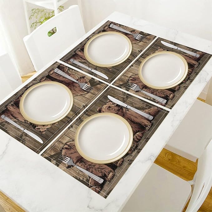 Rustic Lodge Bears Placemats Set of 4, Vintage Cabin Pine Tree Wooden Board Place Mats, Heat Resistant Non Slip Cotton Linen Dining Table Mats for Home Party Kitchen 18x12 Inch