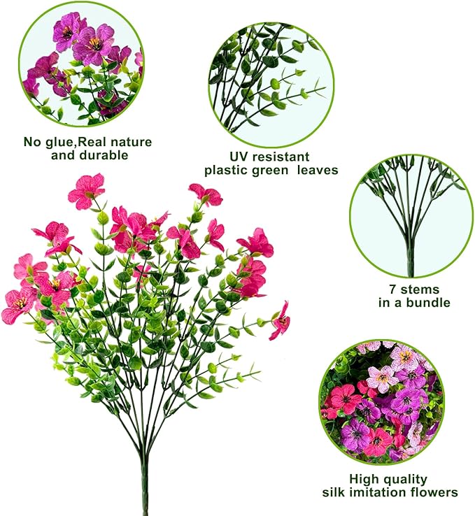 12 Bundles Artificial Flowers for Outdoor,No Fade UV Resistant Fake Flowers,Faux Plants for Outside Hanging Planters,Artificial Plants for Porch Garden Home Wedding Decor(Fuchsia,Purple,Pink)
