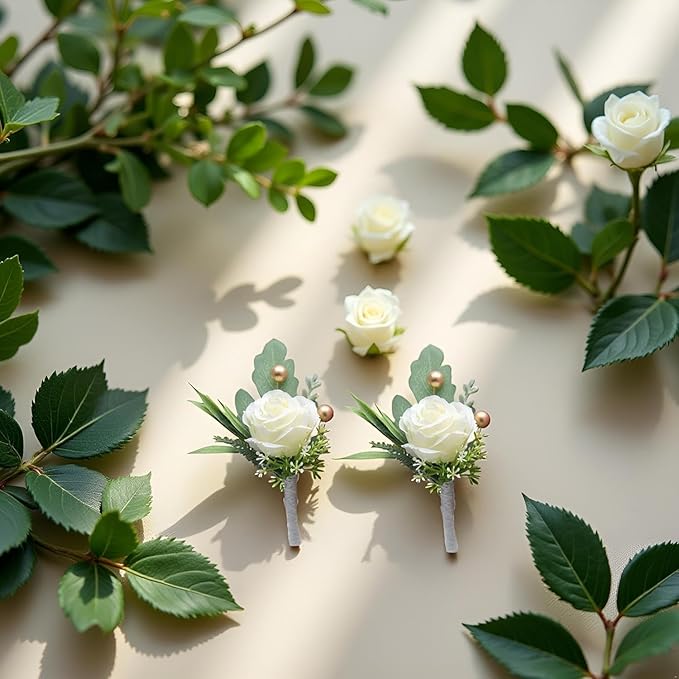 2Pcs Roses Boutonniere for Men Wedding, Groom Groomsman Artificial White Rose Flowers with pins for Wedding Anniversary Celebration,Prom,Party,Home Decoration Artificial Flowers