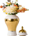 Ginger Jar, White Ceramic Ginger Jars Vase with Gold Trim, White and Gold Vases for Decor Kitchen, Bookshelf Decor, Table Center-Vase, Temple-Jar(12in