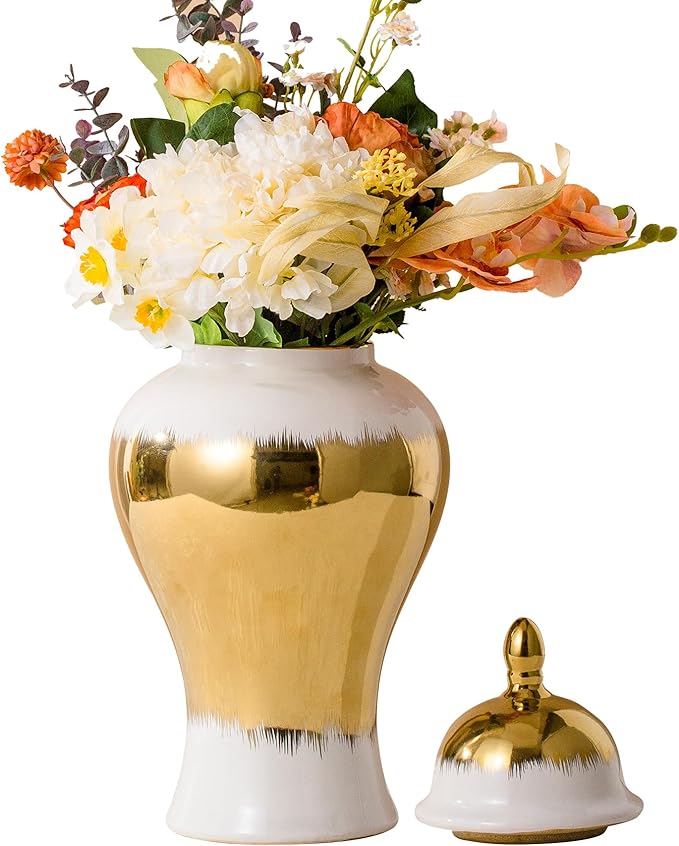 Ginger Jar, White Ceramic Ginger Jars Vase with Gold Trim, White and Gold Vases for Decor Kitchen, Bookshelf Decor, Table Center-Vase, Temple-Jar(12in
