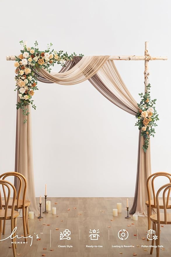 Ling's moment Artificial Wedding Arch Flowers with Drapes Kit-Pack of 5, 2pcs Flower Arrangements 3pcs Hanging Sheer Drapes Ceremony Arbor Backdrop Rose Floral Decorations, Apricot & Soft Peach