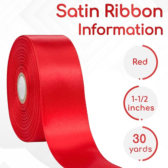 30 Yards Red Ribbon 1-1/2 Inch, Red Satin Ribbon for Gift Wrapping, Flower Bouquet, Crafts, Christmas, Birthday, Wedding and Bow Making
