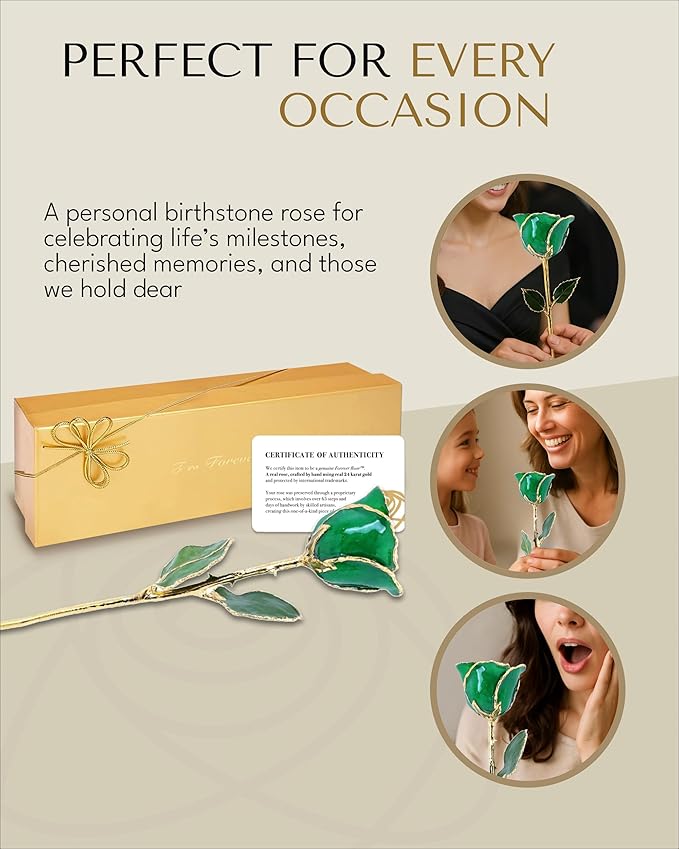 Forever Rose Hand-Dipped in 24K Gold, Emerald-Inspired May Birthstone with Sparkles, Real Rose in Luxury Gold Gift Box – Perfect Ready to Gift for May Birthday or Any Occasion