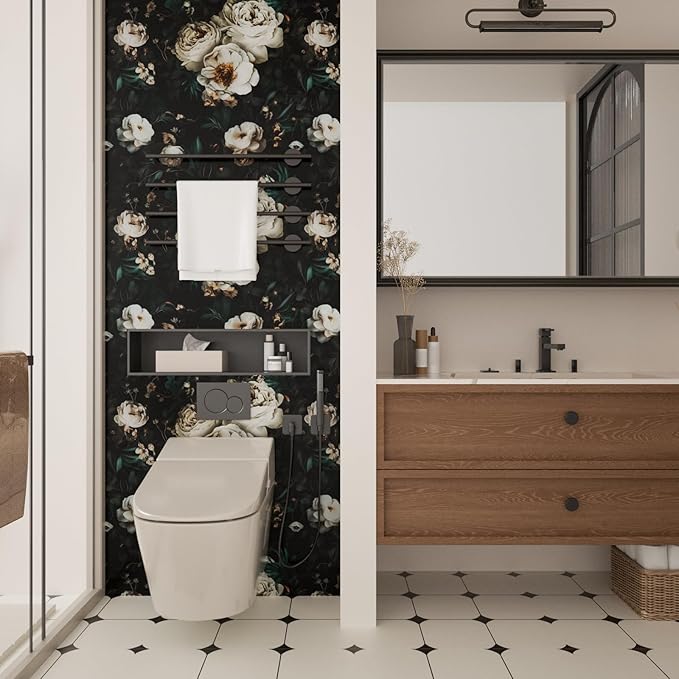 Dark Wallpapr Peel and Stick Boho Wallpaper 17.5in x 393in Black Floral Contact Paper Waterproof Self Adhesive Vintage Large Floral Wall Paper for Bedroom Walls Cabinet Decor