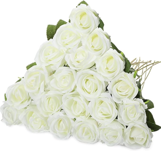 Hotop 20 Pcs Artificial Rose Flowers with Long Stem,Real Touch Silk Realistic Plastic Bouquet Roses Bulk for Home Decor Bridal Wedding Party Table Centerpieces Decorations(White)
