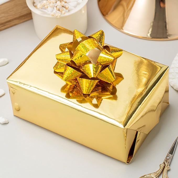 Merture Gold Wrapping Paper Roll - 17 In X 16.4 Ft(23.3 sq.ft.) Metallic Gold Solid Color Gift Wrap with Grid Cutting Lines for Christmas, Wedding, Birthday, Valentines Day, Mothers Day, Baby Shower
