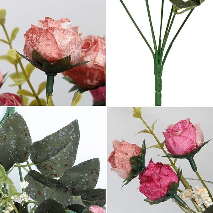 Flojery 21 Heads Silk Rose Bouquet Artificial Flowers Mini Rose for DIY Wedding Bouquets Centerpieces Bridal Shower Party Home Decorations,Pack of 4 （Rose Red）
