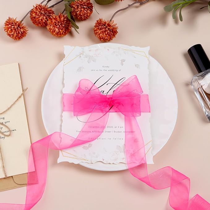Hot Pink Ribbon for Gift Wrapping 1 inch Sheer Organza Ribbon for Flower Bouquet Tulle Thin Chiffon Ribbons for Wedding Invitations Presents Decorations Crafts 50 Yards