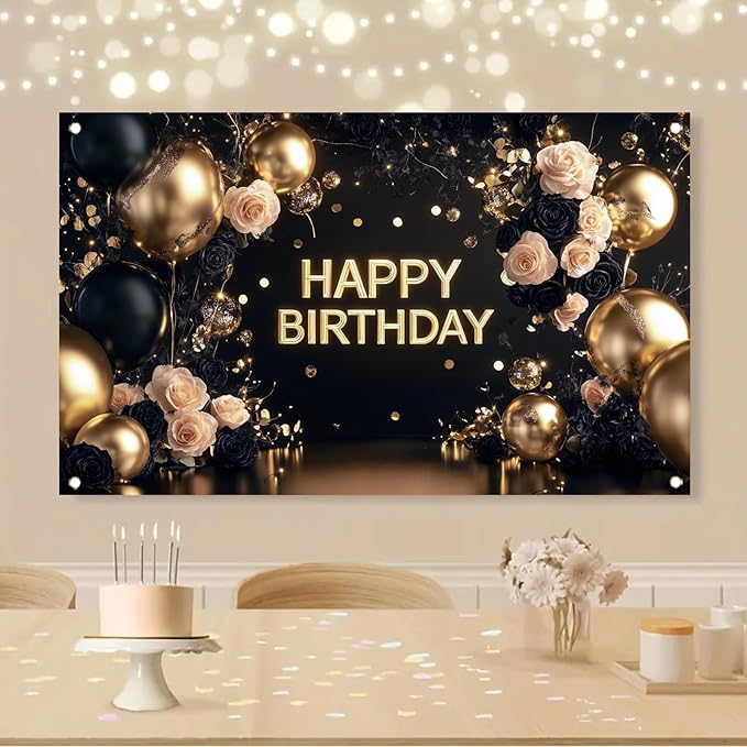 Black Gold Happy Birthday Backdrop Banner Elegant Rose Floral Balloon Photography Background Luxury Birthday Party Decoration Banner Photo Booth Props 71x43 Inch