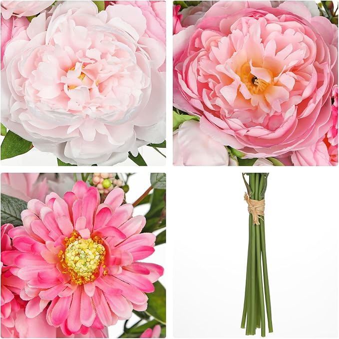 Hot Pink Flowers Artificial Peonies Silk Flowers with Stems 10PCS Realistic Fake Peony Daisies Long Faux Flowers for Vase Floral Centerpiece Arrangements Wedding DIY Bridal Bouquet Party Home Decor