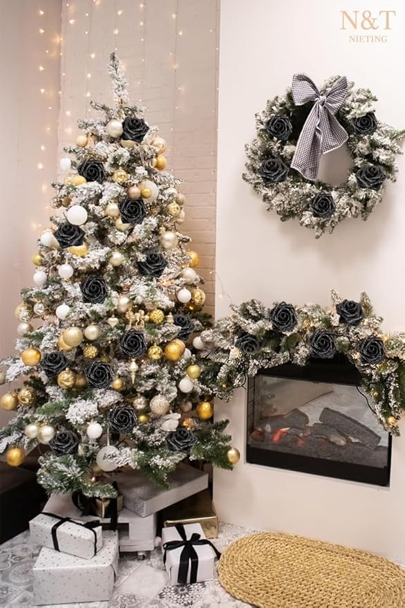 N&T NIETING Artificial Flowers Black Glitter Flowers Foam 25pcs Glitter Roses Real Looking Fake Roses with Stem for DIY Wedding Bouquets Centerpieces Bridal Shower Party Home Decorations
