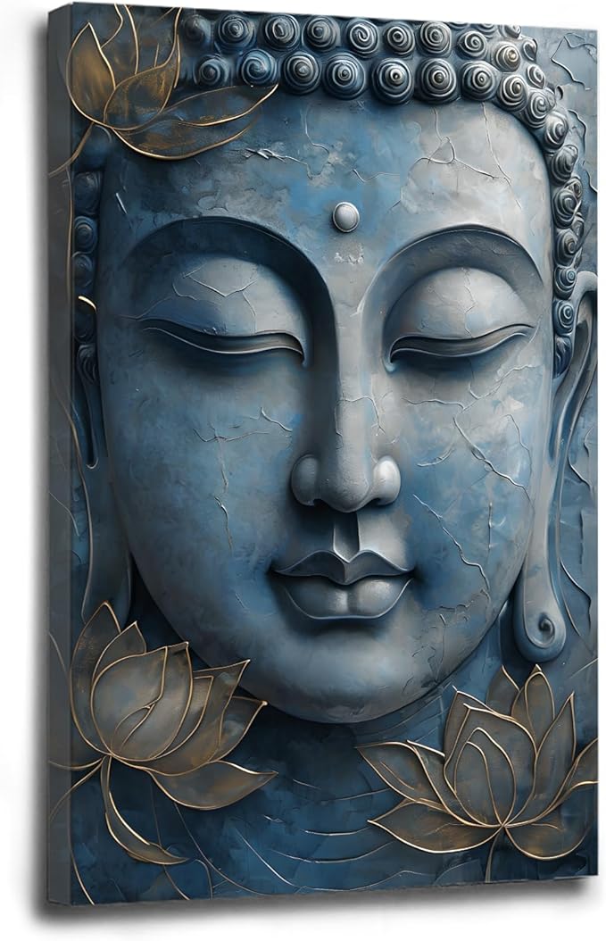 Canvas wall art Golden lotus crown Serene Buddha poster Ethereal blue toned art with delicate floral decor Zen wall art for a tranquil meditation space 16x24in Wood Framed