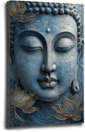 Canvas wall art Golden lotus crown Serene Buddha poster Ethereal blue toned art with delicate floral decor Zen wall art for a tranquil meditation space 20x30in Wood Framed
