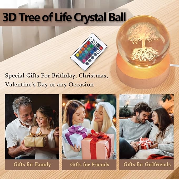 3.15In Tree of Life Crystal Ball Lamp with Wooden Base, 3D Crystal Ball Night Light, 16 Colors , Remote Controlled, Tree of Life Decor, Spiritual Gift for Women Christmas Gifts for Family Men Friends
